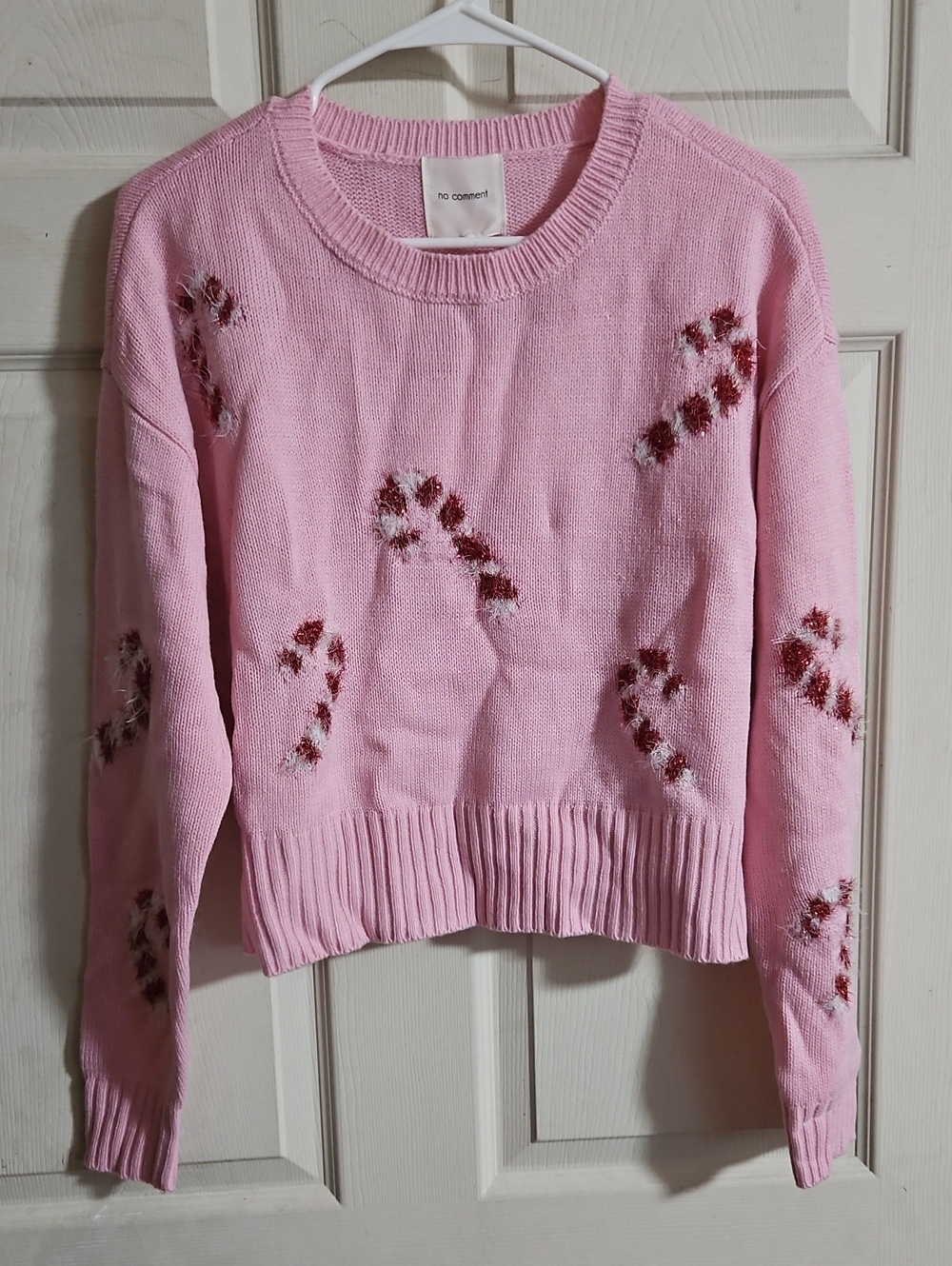 NO COMMENT CROPPED CANDY CANE SWEATER: PINK: NEW WITH TAGS: SIZE M